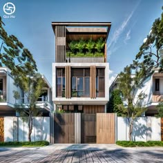 an apartment building with plants growing on the balconies