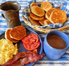 the breakfast is ready to be eaten on the table with coffee, pancakes and bacon