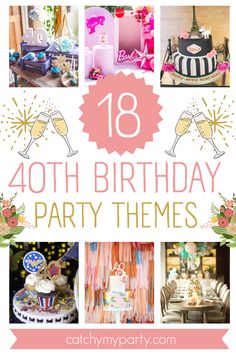 Take a look at the 18 BEST 40th Birthday Themes for Women | CatchMyParty.com 40th Themes For Women, 40 Year Old Women Birthday Ideas, 40th Bday Party Ideas For Women Fun, Birthday Brunch Themes For Women, Turning 20 Twice Party, 40 Birthday Party Theme For Women, Forty Birthday Themes For Women, Pink Themed 40th Birthday Party, Womens Birthday Theme Ideas