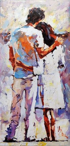 a painting of two people hugging each other