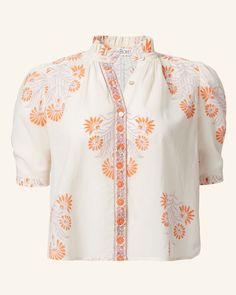 Individually cut by hand and finished with French seams, our lilac shirt has short puffed eyelet sleeves, a ruffled collar, and a mother-of-pearl button front with ladder trim. Crafted from cotton, the '70s vintage-inspired shirt features diamond-shaped eyelet panels along the chest with handworked fagoting details. An airy summer top. Lilac Shirt, Hemant And Nandita, Rebecca Vallance, Tanya Taylor, Ruffled Collar, French Seam, City Prints, Vintage Inspired Design, Cotton Voile