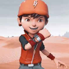 a cartoon boy with a baseball cap and glove on his hand, standing in the desert