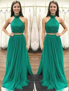 A Line High Neck Two Pieces Green Prom Dress With Beading, Green Formal Dress, Two Pieces Evening Dress Two Piece Evening Dresses, Two Piece Dresses, Evening Dress Beaded, Two Piece Prom, High Neck Prom Dress, Green Formal Dresses, Green Prom, Green Tulle, Prom Dresses Two Piece