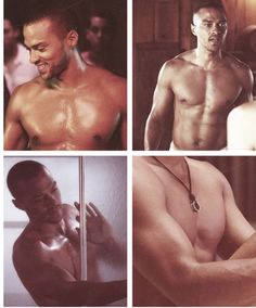 four different pictures of a shirtless man in front of a mirror, one with no shirt and the other without