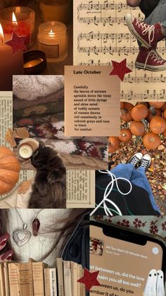 a collage of pictures with candles, books and pumpkins on them is shown