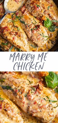 two pictures of chicken with sauce and herbs