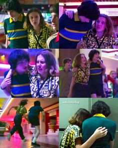 collage of people dancing and hugging each other in different scenes from the tv show glee