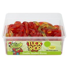 a plastic container filled with red and yellow gummy worms