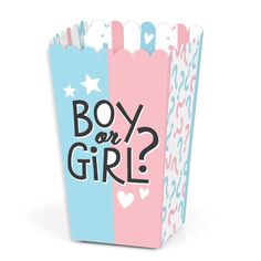 two paper boxes with the words boy or girl? on each side and hearts in different colors