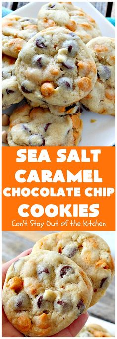 some cookies with chocolate chips and sea salt on top are shown in this collage