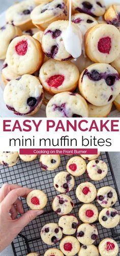 mini muffins with blueberries and cream cheese are on a cooling rack, next to the recipe for easy pancake mini muffin bites