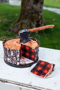 As you can see, the outside looks like a tree stump, while the inside of the cake looks like a red flannel shirt straight out of a Woolrich catalog. Tårta Design, Lumberjack Cake, Torte Creative, Torte Cupcake, A Piece Of Cake, Crazy Cakes, Cupcake Cake, Piece Of Cake, Perfect Cake