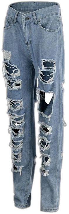 Blue Denim Jeans With Holes, Blue Ripped Grunge Bottoms, Casual Light Blue Distressed Jeans, Light Blue Ripped Cotton Jeans, Relaxed Fit Blue Ripped Jeans, Light Blue Distressed Cotton Jeans, Grunge Denim Bottoms With Holes, Casual Blue Jeans With Holes, Blue Jeans With Holes For Spring