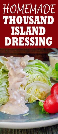 homemade thousand island dressing on a plate with lettuce and red peppers next to it