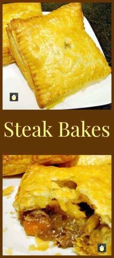 two pictures of steak bakes on a white plate