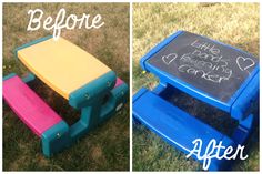 before and after photos of a child's step stool with chalk writing on it