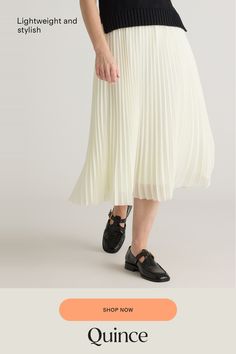 Flattering, flowy, and fully lined. Our high-rise midi skirt is lightweight and has an elastic waistband for a comfortable fit that you can wear all day. Made of low-maintenance, wrinkle-resistant fabric.  | Quince | Women's Chiffon Pleated Midi Skirt in Ivory, Size XL, 100% Polyester Midi Pleated Skirt, Silk Tee, Silk T Shirt, Pretty Skirts, Spring Skirts, Fall Skirts, Sheer Chiffon, Pleated Midi Skirt, Women Skirts Midi