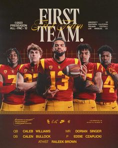 the college football team is posing for a photo in front of a poster that says, first team