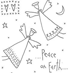 two angels with stars and the words peace on earth written in black ink against a white background