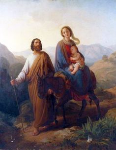 a painting of jesus and mary riding on a donkey