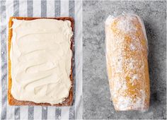 two different types of bread with icing on top and one is white frosted