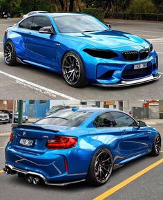 two pictures of the same blue bmw car