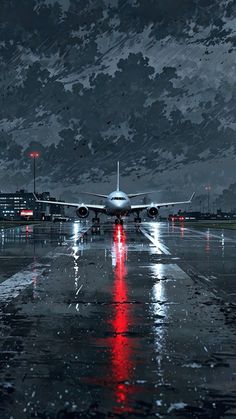 an airplane is sitting on the runway at night