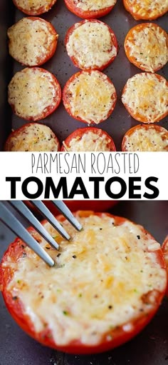 tomatoes stuffed with parmesan cheese are ready to be cooked in the oven and then baked