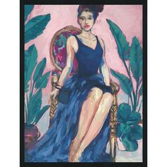 a painting of a woman in a blue dress sitting on a chair next to plants