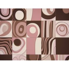 an abstract painting with brown, pink and white shapes on the wall in front of a checkerboard background