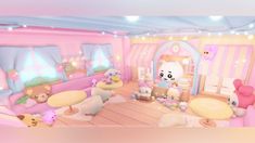 an animated image of a living room with teddy bears and other stuffed animals in it