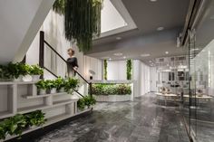 a woman is walking down the stairs in an office building with plants hanging from the ceiling