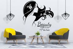 a wall decal with an image of a woman's face and the words beauty love is in the hair