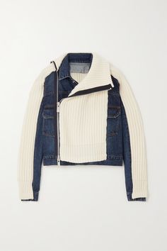 Jackets from sacai, Short, Party Style, Casual Style, Street Style, Street Style, 2023-24FW Street Style Jacket, Patchwork Denim Jacket, Fabric Combinations, Wool Blend Jacket, Denim Patchwork, Sweaters Knitwear, Fall Shopping, Layered Look, Party Fashion