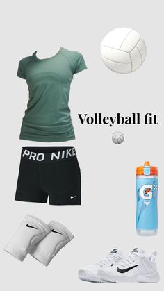 there is an image of a woman's clothing and shoes on the floor with words that read volleyball fit