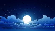 the full moon is shining brightly in the night sky with clouds and stars above it