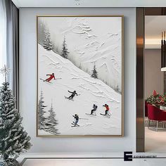 there is a painting on the wall in the living room that depicts skiers skiing