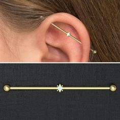 an ear piercing is shown in two different pictures, one with a barbell and the other with a single purple stone