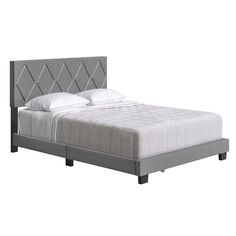 an upholstered bed with white pillows and grey headboard, on a white background