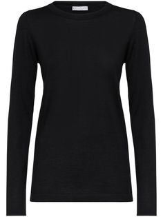 black cashmere-silk blend crew neck long sleeves straight hem Black Long Sleeve Fine Knit Sweater, Elegant Crew Neck Long Sleeve Top For Fall, Black Fine Knit Long Sleeve Top For Winter, Workwear Fine Knit Long Sleeve Crew Neck Top, Crew Neck Fine Knit Long Sleeve Top For Work, Fine Knit Long Sleeve Crew Neck Top For Work, Elegant Long Sleeve Cashmere Top, Black Fine Knit Long Sleeve Top For Fall, Black Long Sleeve Fine Knit Top For Fall