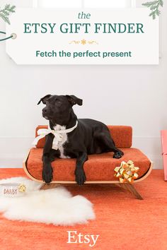 a black dog is sitting on an orange chair with a bow around its neck and the words etsy gift finder fetch the perfect present