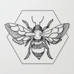 a black and white drawing of a bee on a hexagonal patched paper