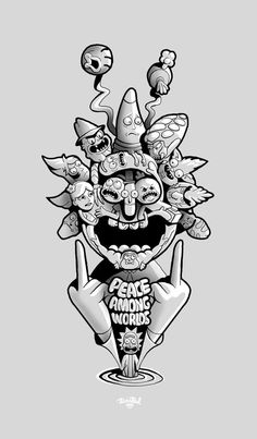 an image of a cartoon character with many heads and hands on his head, in black and white