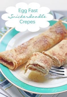 two crepes are on a plate with a fork in it and the words egg fast snickzerdoodlele creps above them