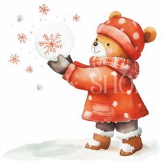 a watercolor painting of a teddy bear holding a snowball in its hand and wearing a red coat