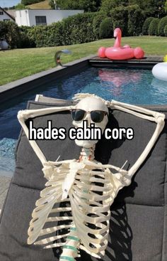 a skeleton sitting in front of a pool with the caption hads cabin core