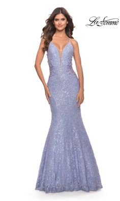 Here's a long embellished-lace mermaid prom dress by La Femme that offers flirty details. Indulge in the luxurious lace detailing of this stunning deep v-neck long formal dress that has sheer side panels that provide a touch of allure. Perfect for prom, galas, and other black-tie events, this exciting long lace evening gown has thin shoulder straps that lace up over the open back for the best fit, while the long mermaid skirt skims the hips before jutting away from the knees to the floor. Step i Light Periwinkle, Sleeveless Prom Dress, Mermaid Prom Dresses Lace, Lace Evening Gowns, Trumpet Skirt, Prom Dresses Sleeveless, Lace Prom Dress, Prom Dress Styles, Lace Mermaid