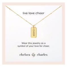 PRICES MAY VARY. Wear this dainty, reversible necklace as a symbol of your love for cheerleading Pendant necklace features a 14k gold plated CHEER tag (.35" x .7") with our signature stamped heart on the back 16" 14k gold plated chain with spring-ring closure and Chelsea Charles brand logo at the clasp Each necklace is ready to gift on our luxe jewelry stationery Designed by Chelsea Charles, a brand specializing in jewelry and accessories for the stylish athlete Wear this dainty, reversible neck Cheer Necklace, Dance Recital Gifts, Signature Stamp, Dance Necklace, Luxe Jewelry, Daily Gift, Gold Charm Necklace, Charm Necklaces, Heart On