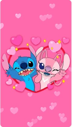 two cartoon characters in the shape of hearts on a pink background with hearts around them