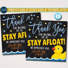 two thank you cards with rubber ducks on the front and back, one for each child's birthday